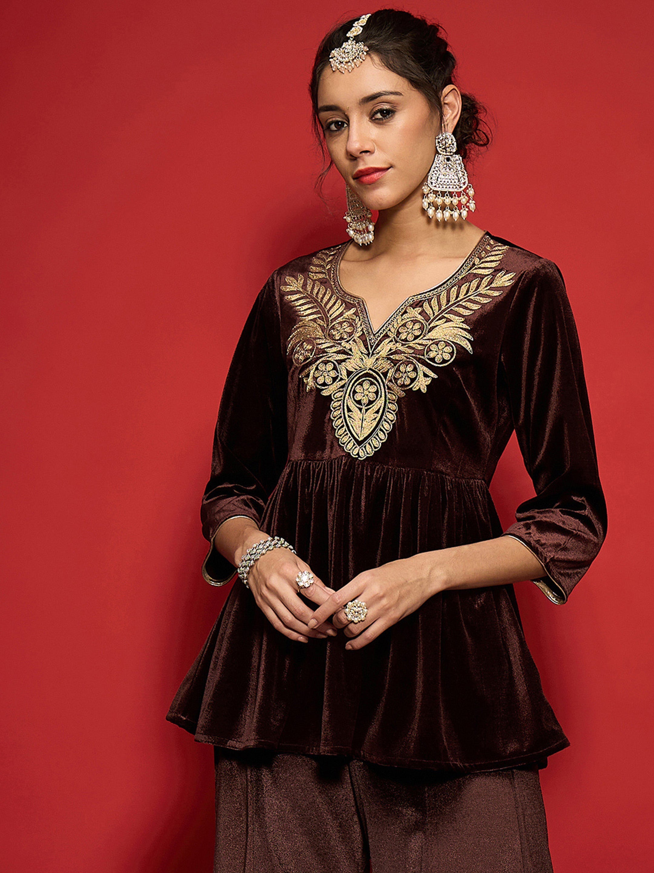 Women Brown Velvet Embroidered Round Neck Peplum Top