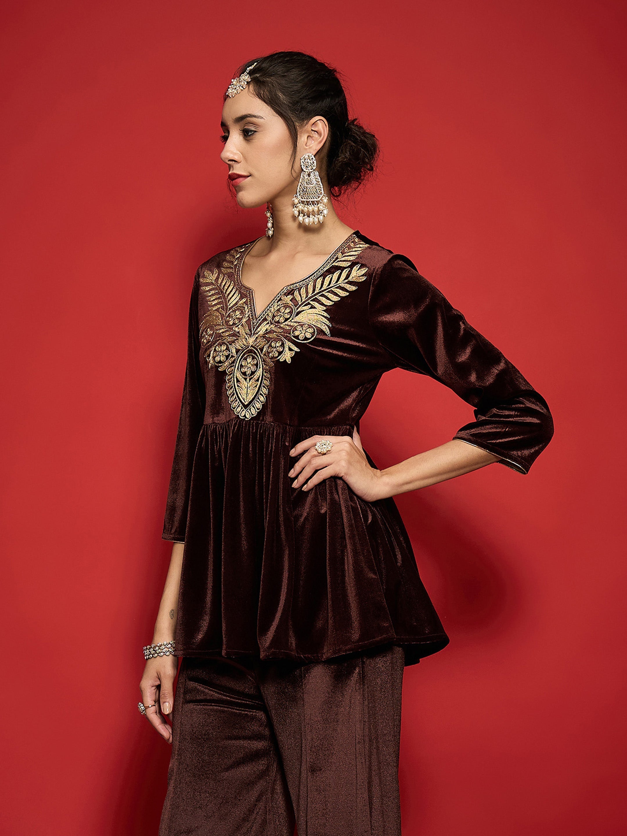 Women Brown Velvet Embroidered Round Neck Peplum Top