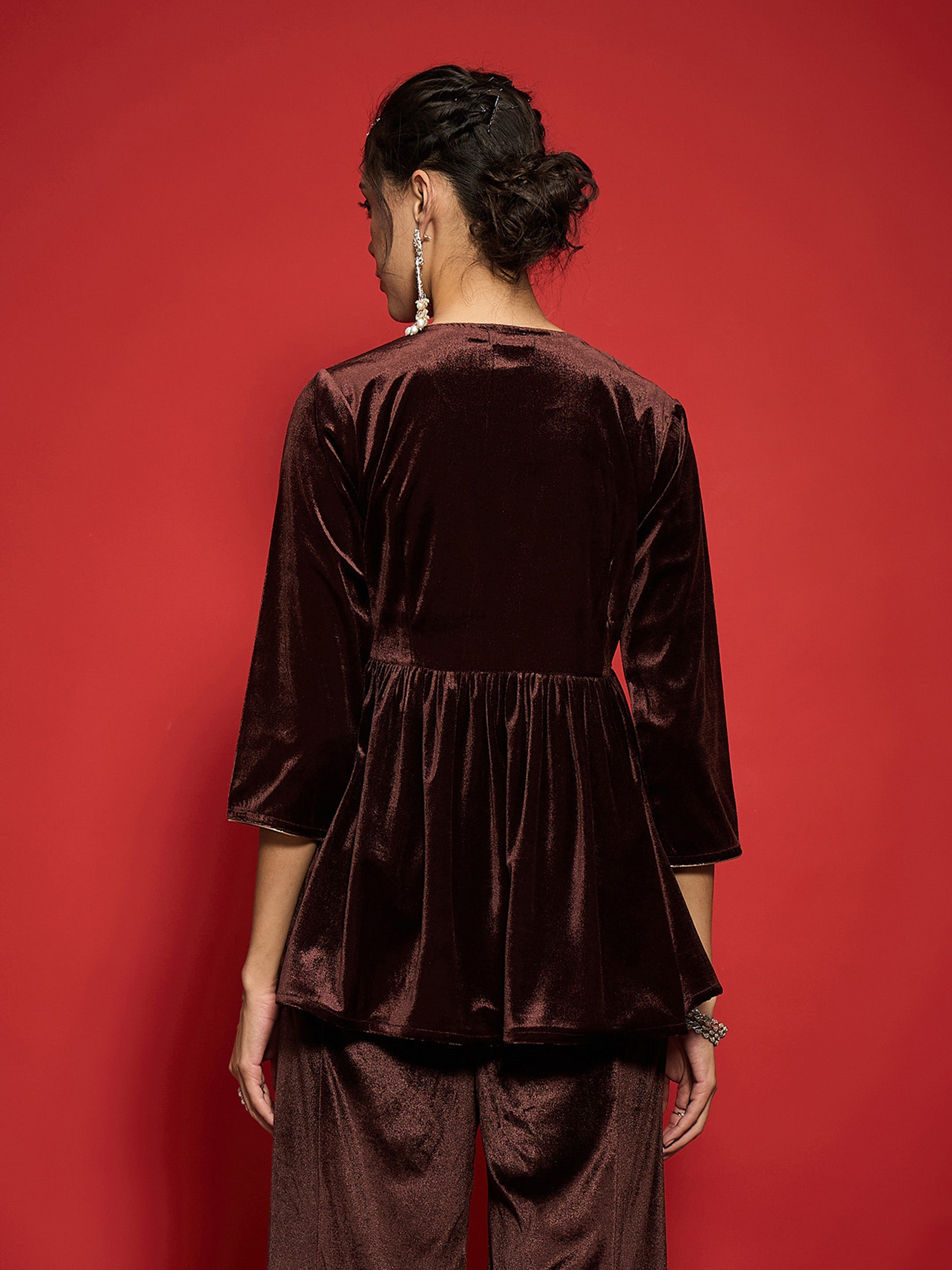 Women Brown Velvet Embroidered Round Neck Peplum Top