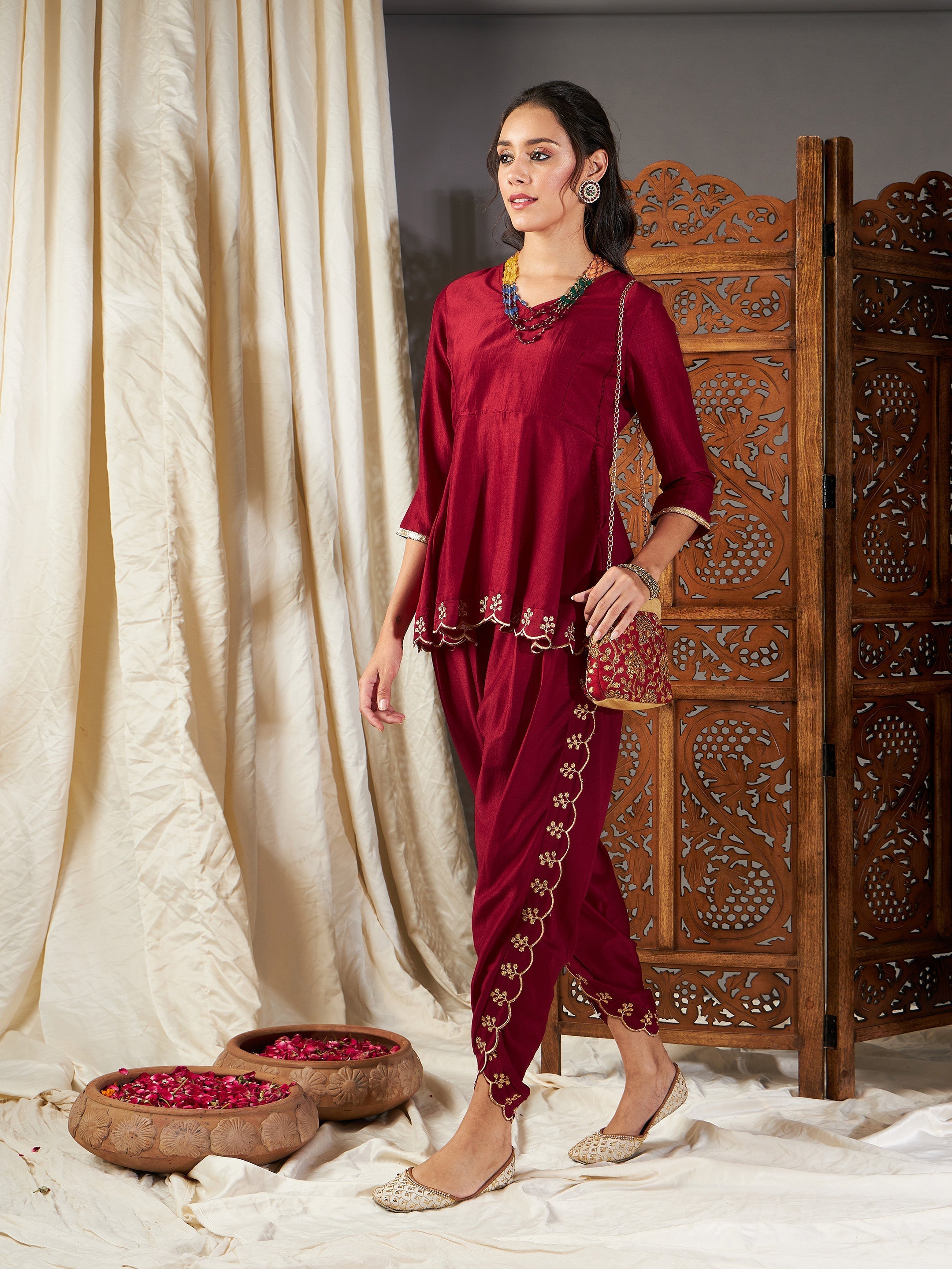 Women Maroon Zari Embroidered Peplum Top