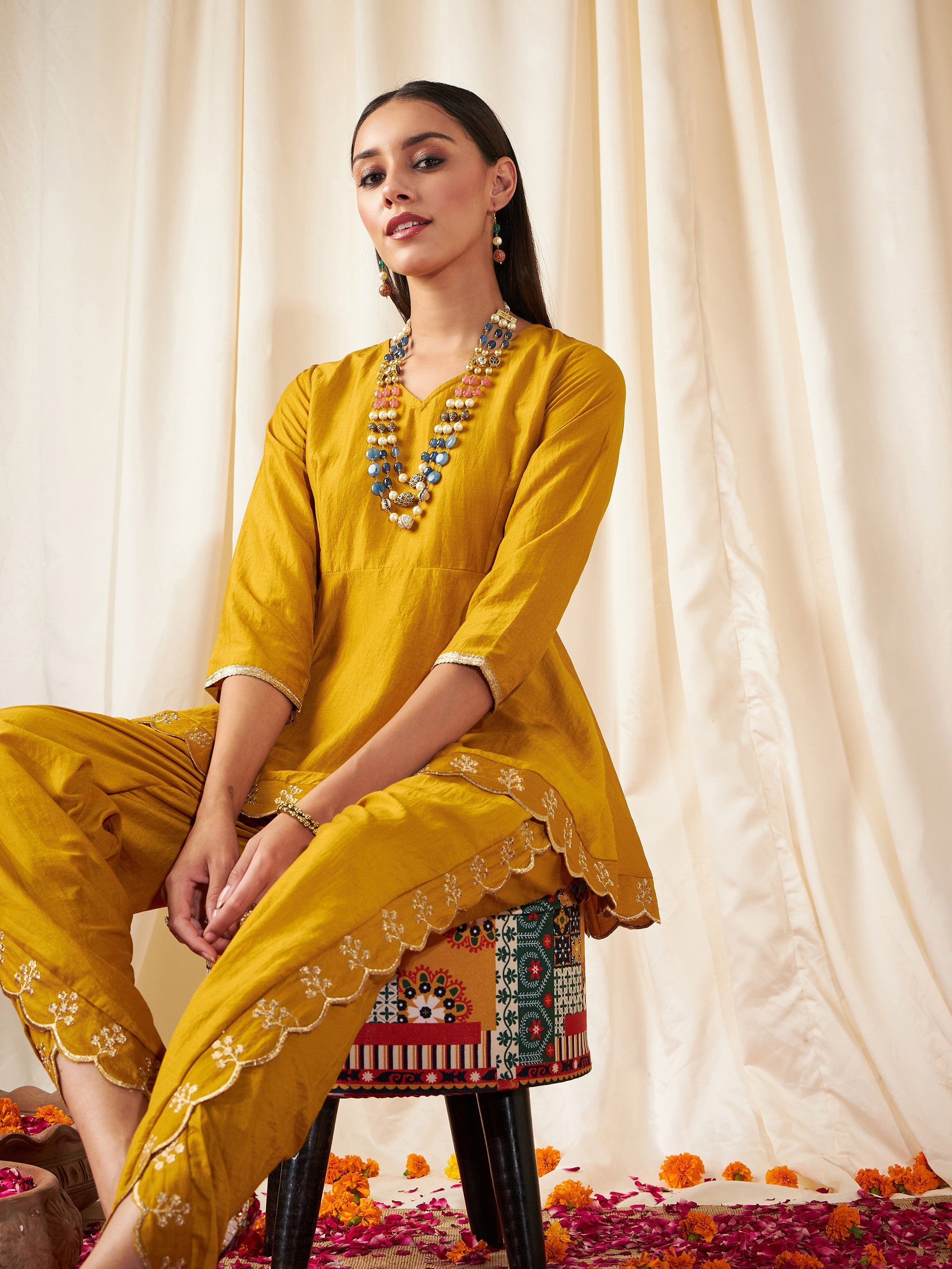 Women Mustard Zari Embroidered Peplum Top