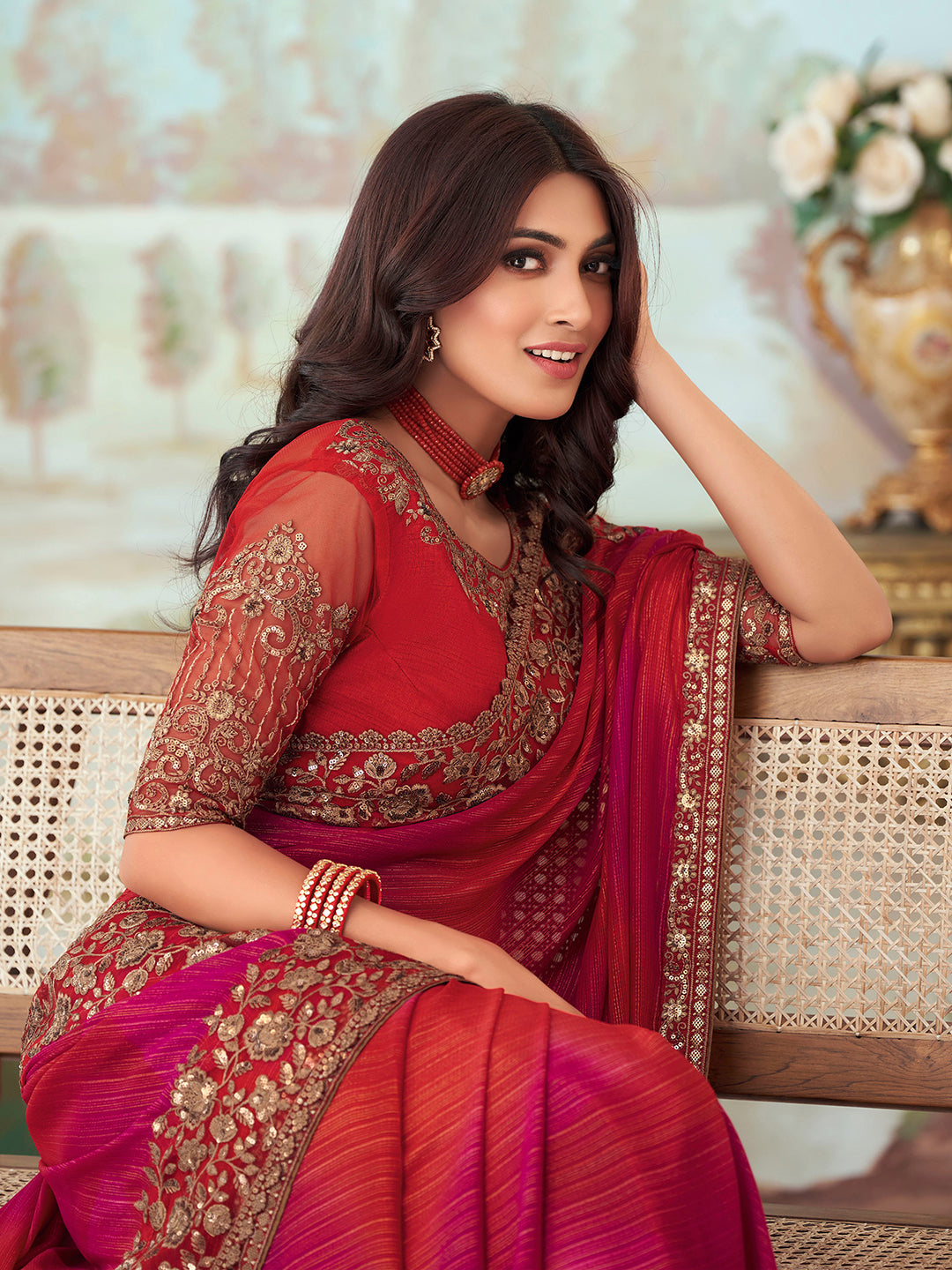 Chiffon Pink Embellished Designer Saree With Blouse