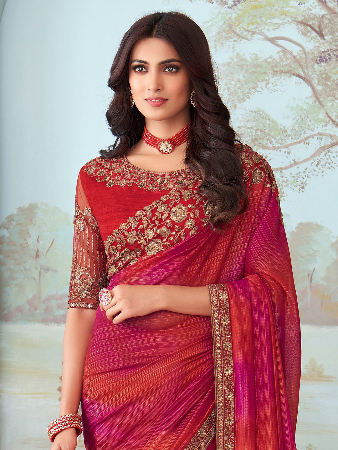Chiffon Pink Embellished Designer Saree With Blouse