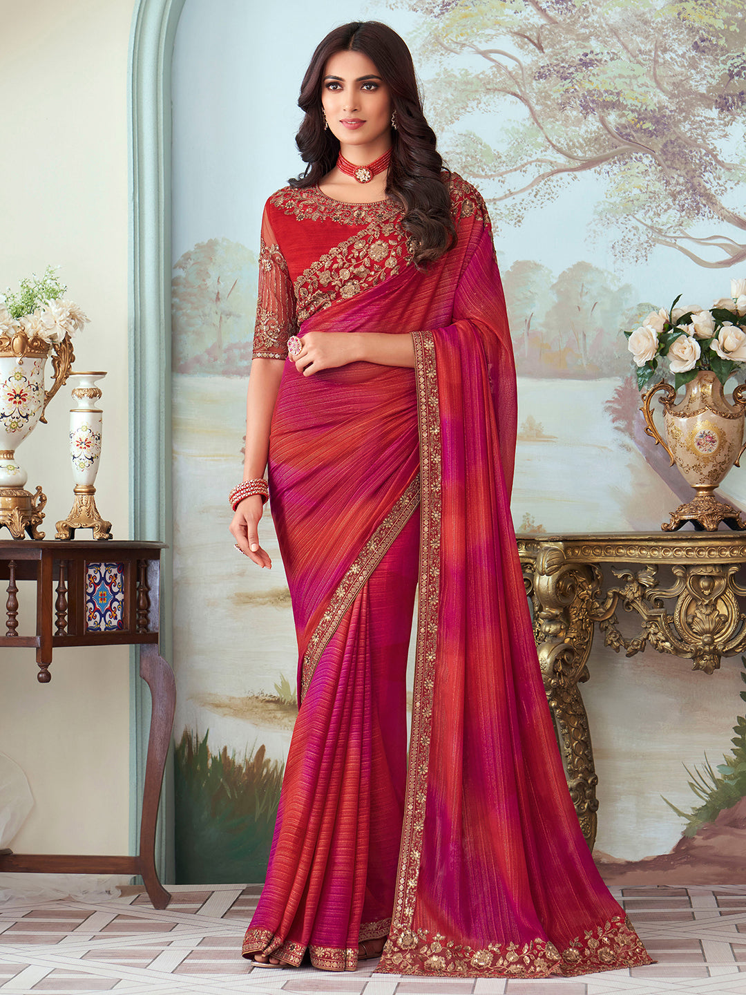 Chiffon Pink Embellished Designer Saree With Blouse