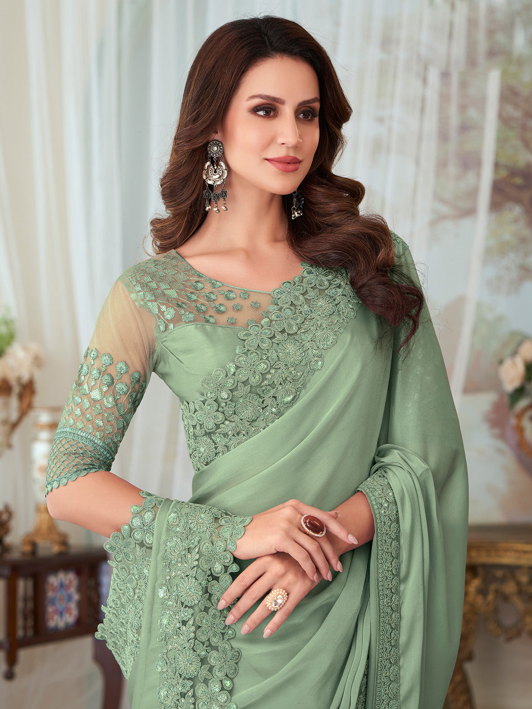 Silk Blend Light Green Embellished Designer Saree With Blouse