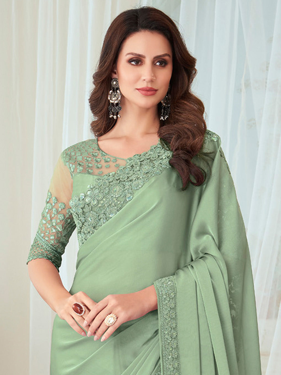 Silk Blend Light Green Embellished Designer Saree With Blouse