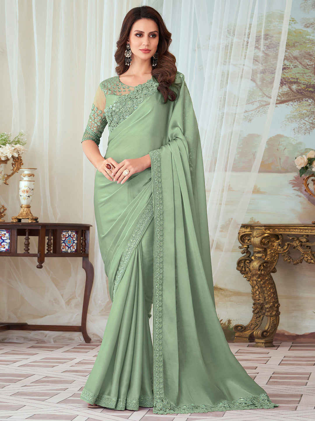 Silk Blend Light Green Embellished Designer Saree With Blouse