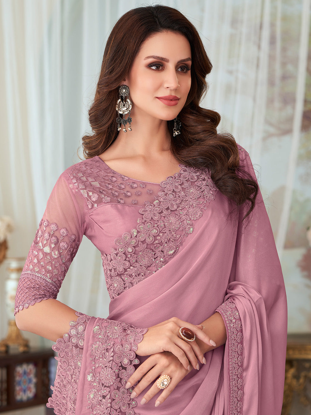 Silk Blend Mauve Embellished Designer Saree With Blouse