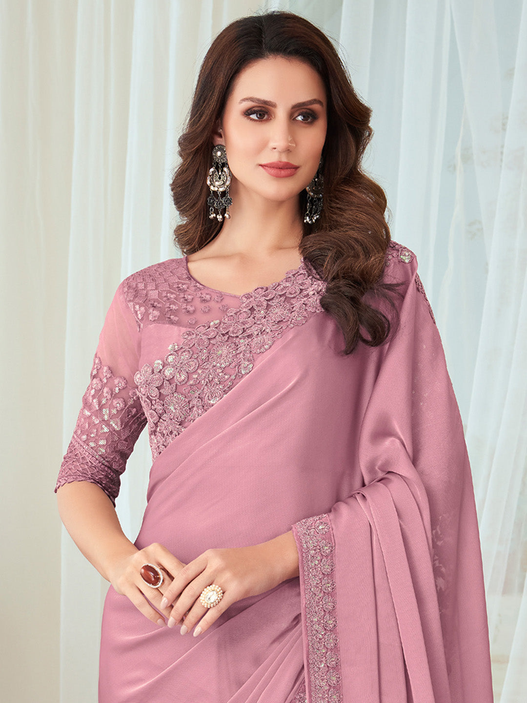 Silk Blend Mauve Embellished Designer Saree With Blouse