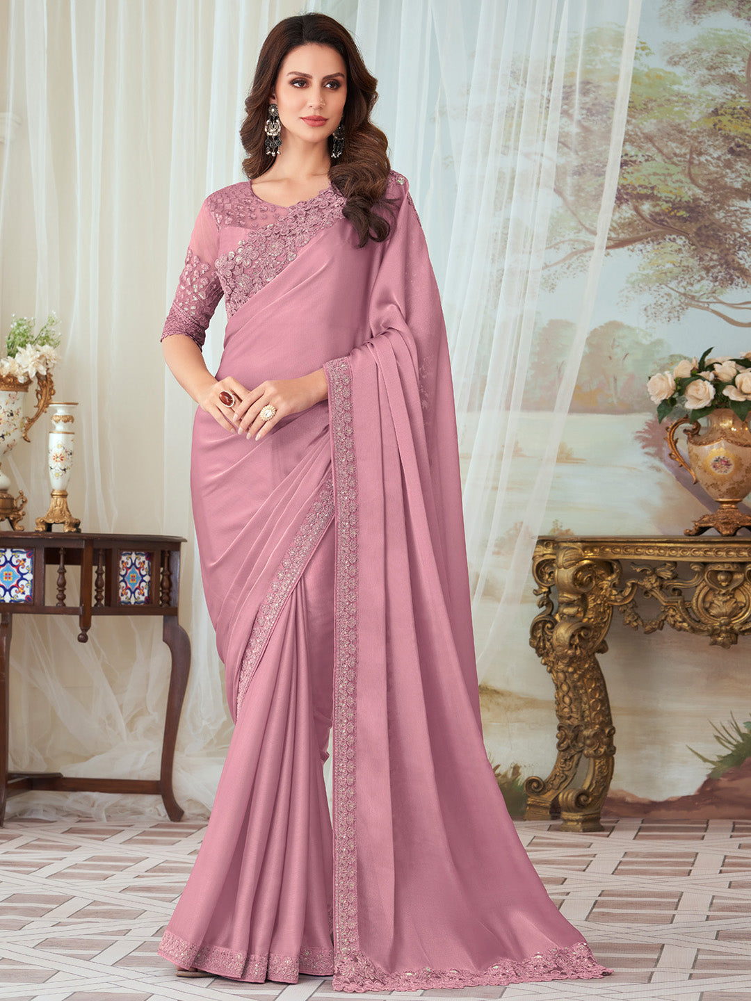 Silk Blend Mauve Embellished Designer Saree With Blouse