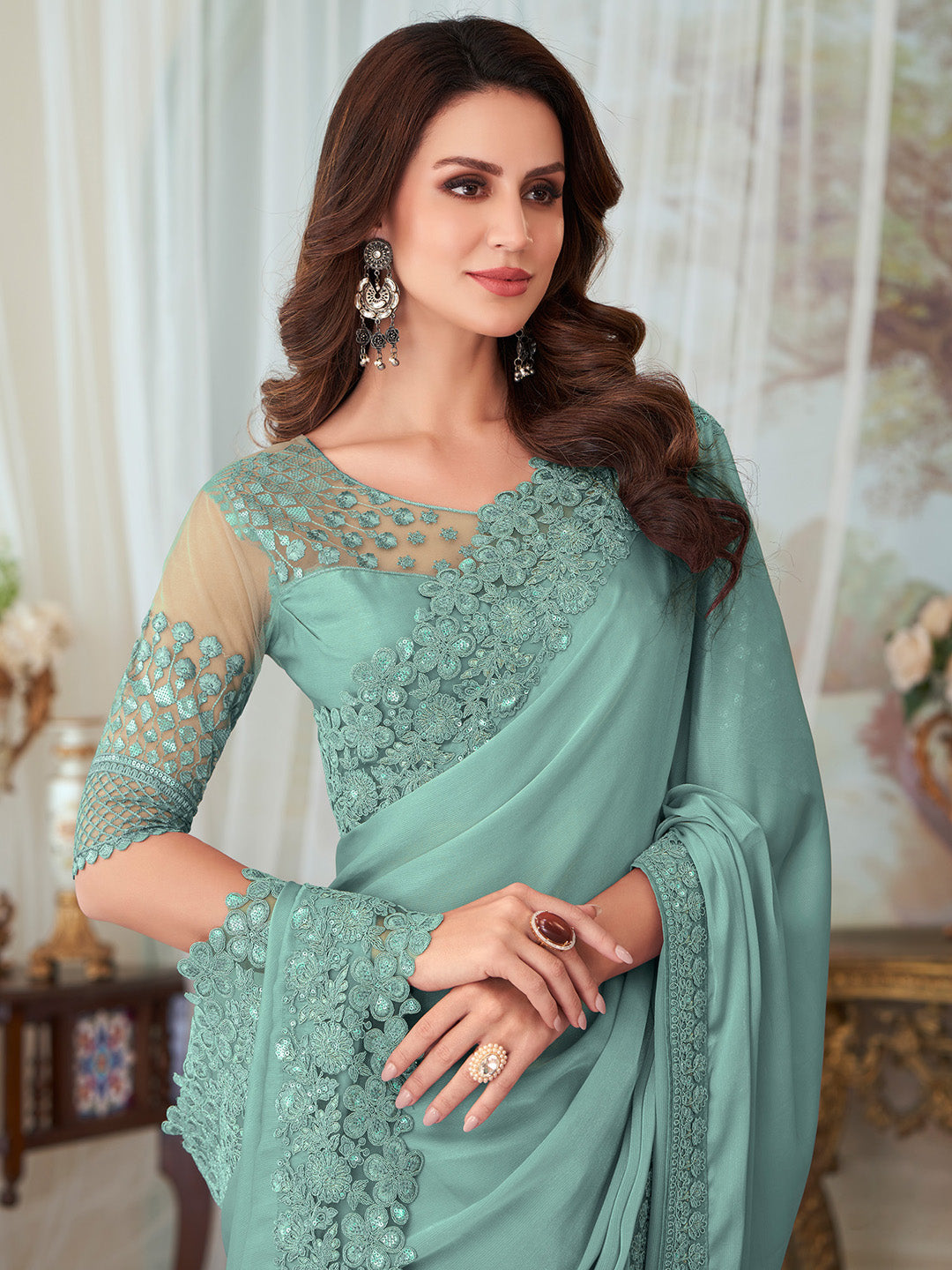 Silk Blend Sea Green Embellished Designer Saree With Blouse