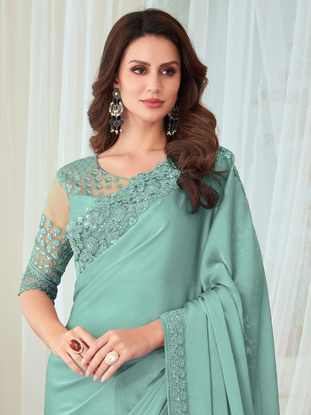 Silk Blend Sea Green Embellished Designer Saree With Blouse