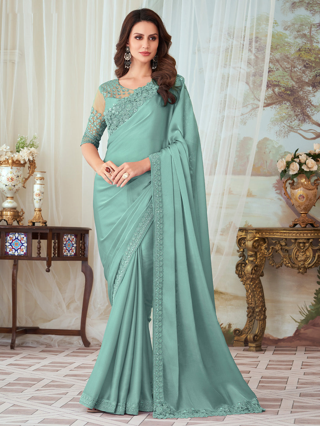 Silk Blend Sea Green Embellished Designer Saree With Blouse