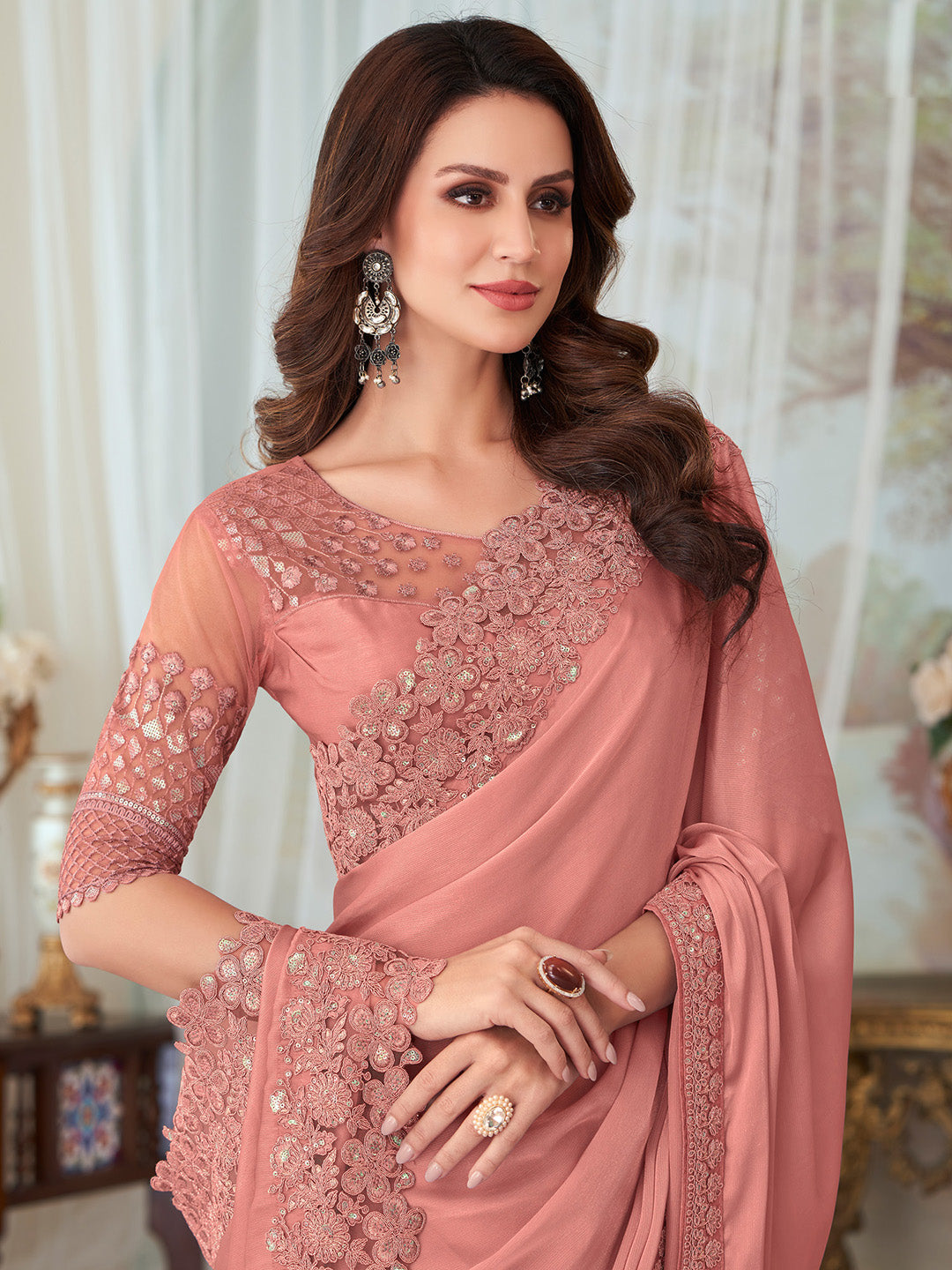 Silk Blend Peach Embellished Designer Saree With Blouse