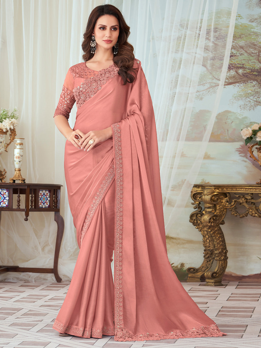 Silk Blend Peach Embellished Designer Saree With Blouse