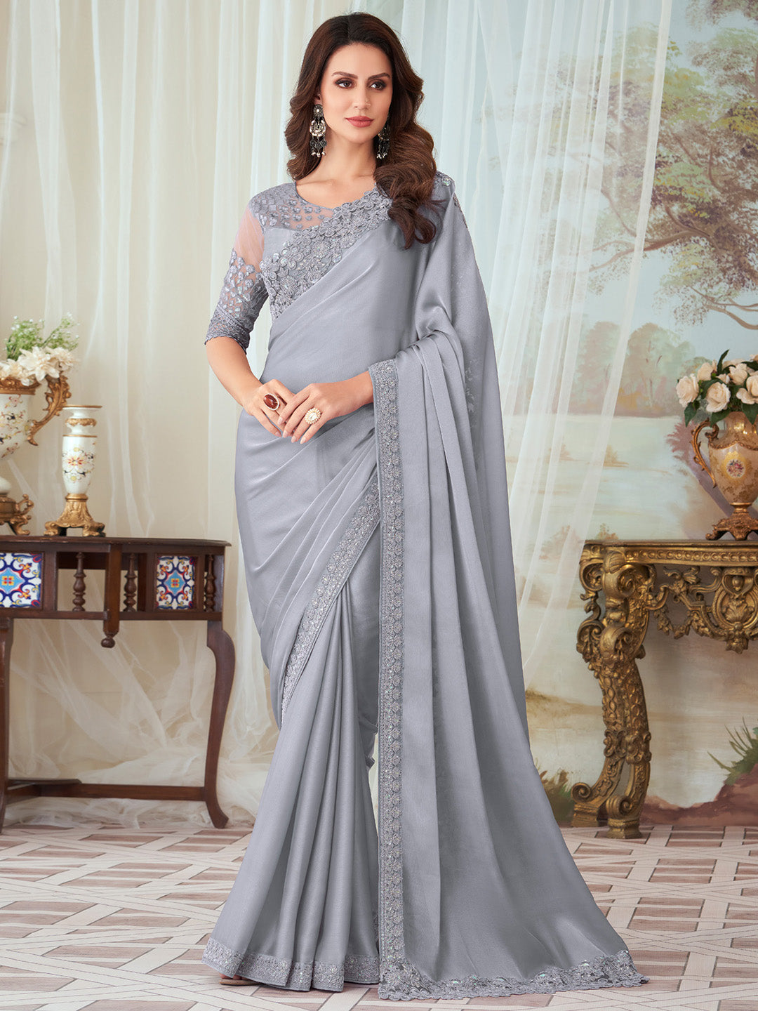 Silk Blend Grey Embellished Designer Saree With Blouse