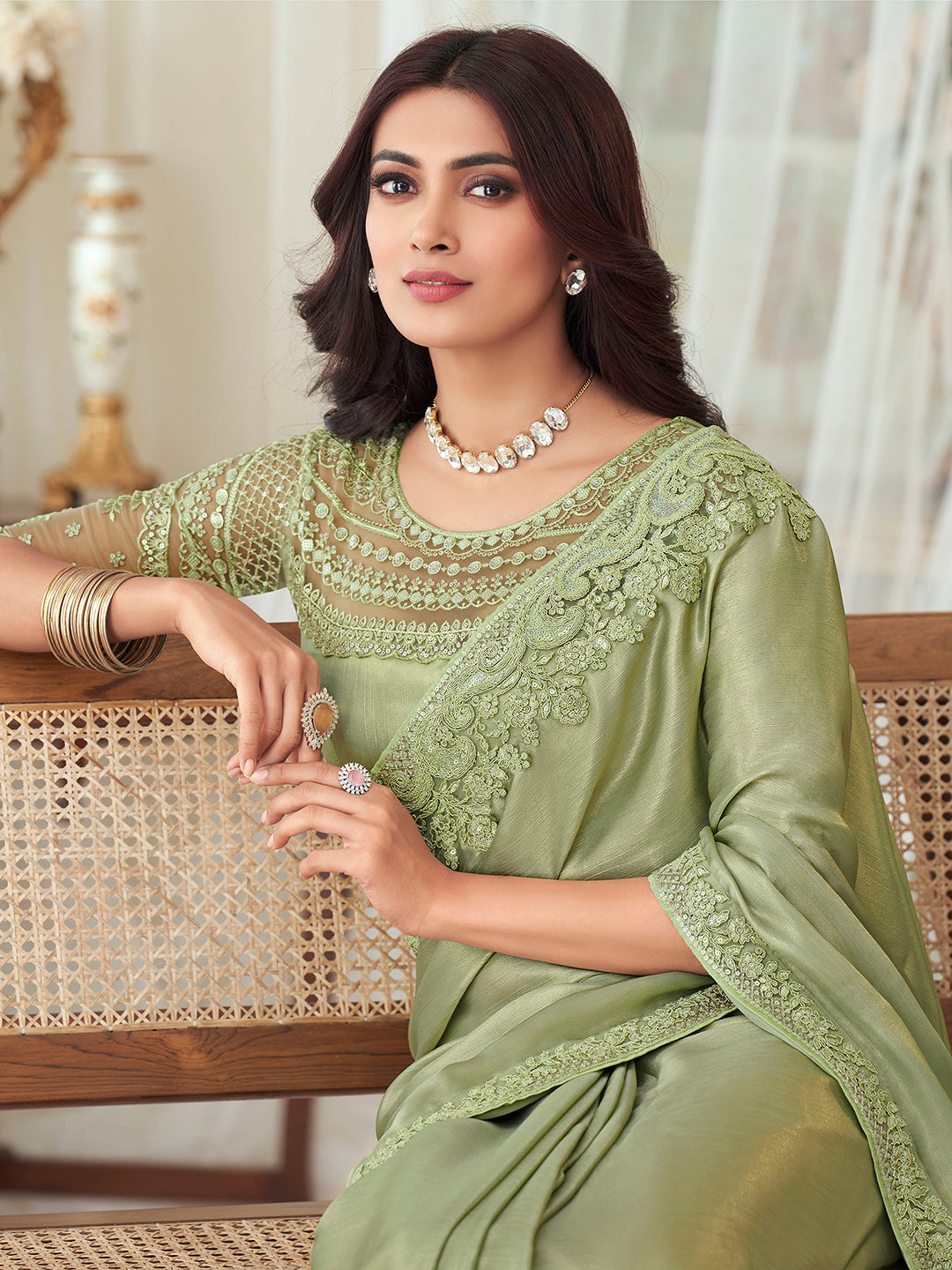 Silk Blend Olive Embellished Designer Saree With Blouse