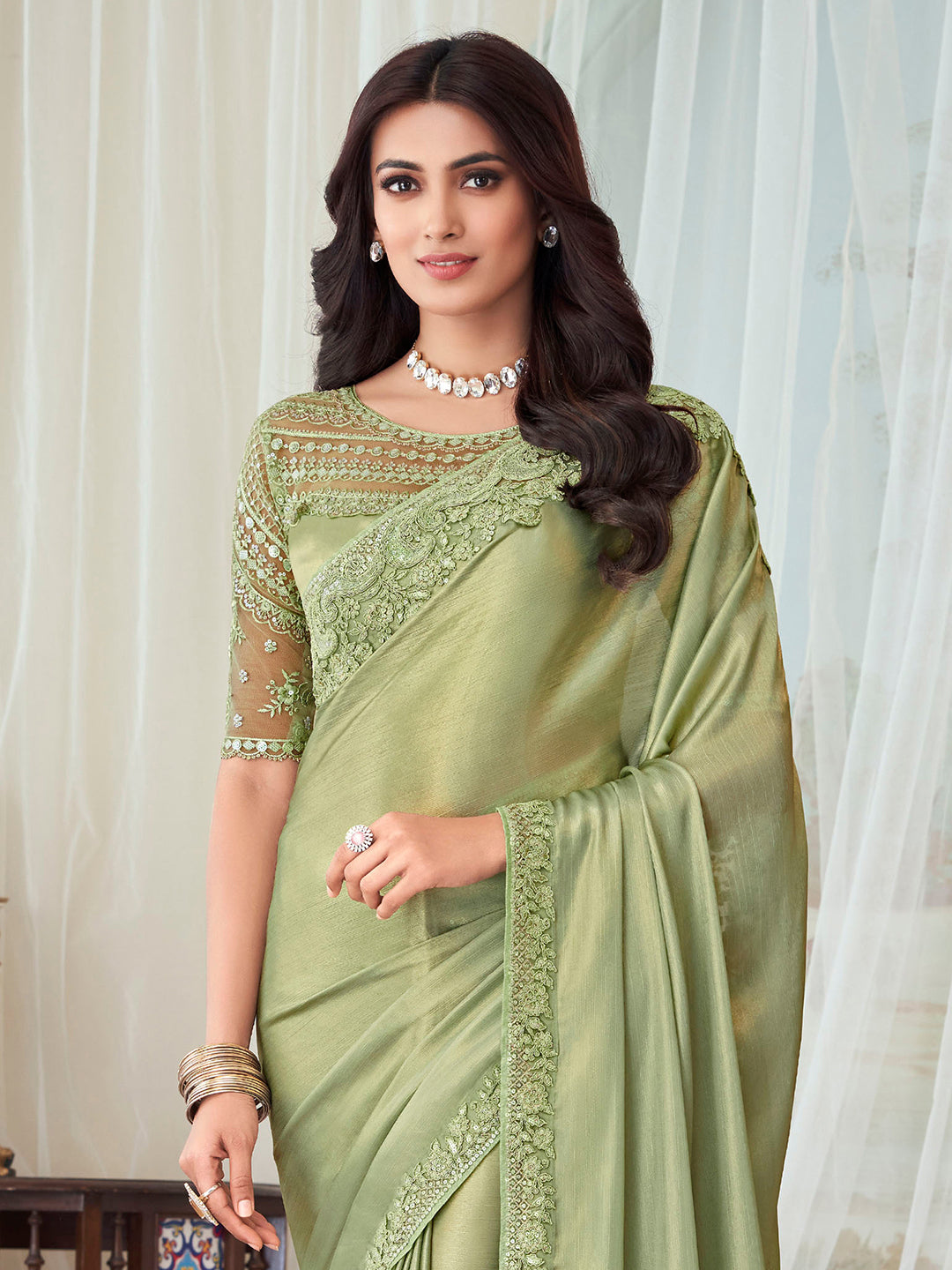 Silk Blend Olive Embellished Designer Saree With Blouse