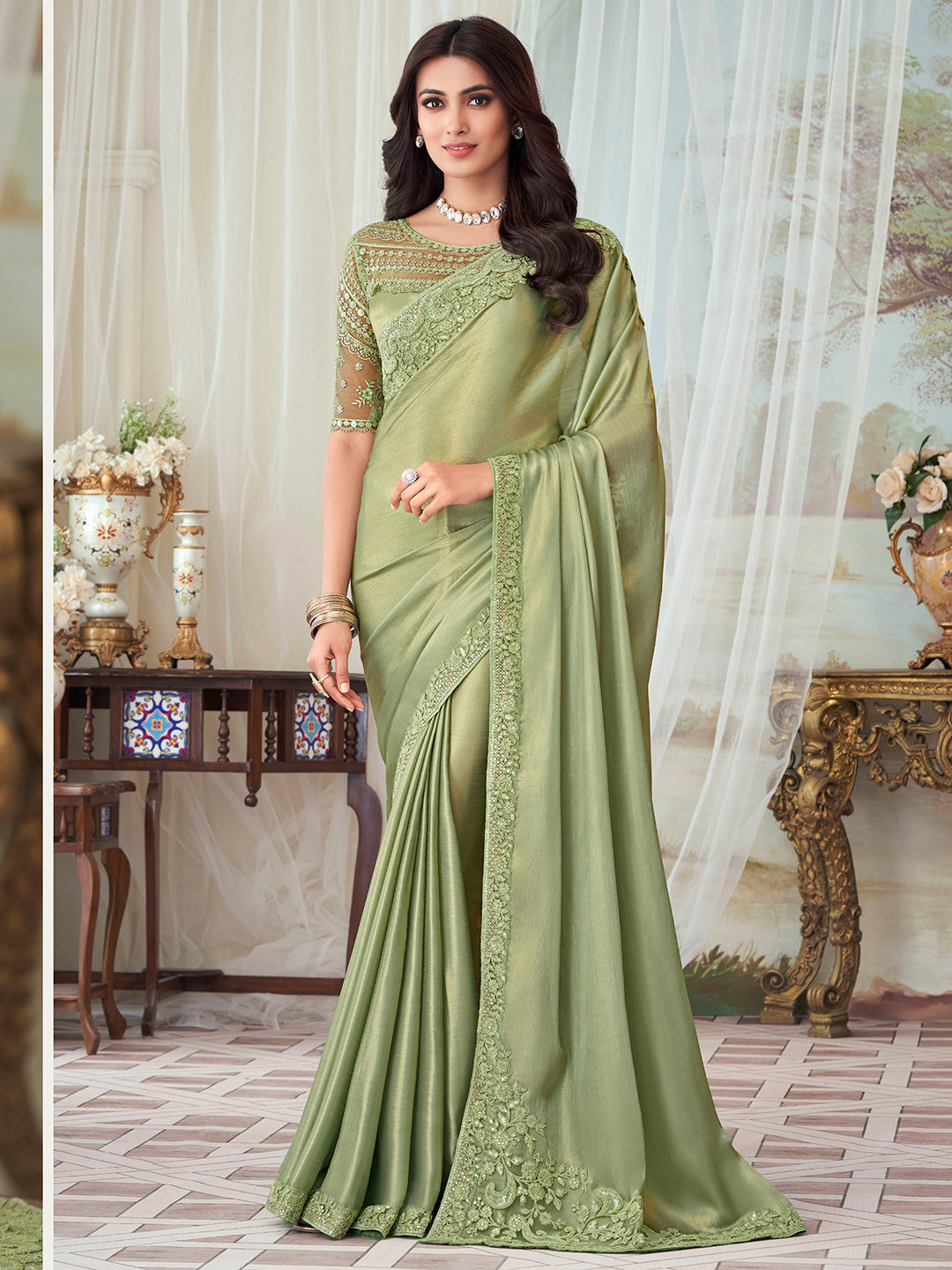 Silk Blend Olive Embellished Designer Saree With Blouse