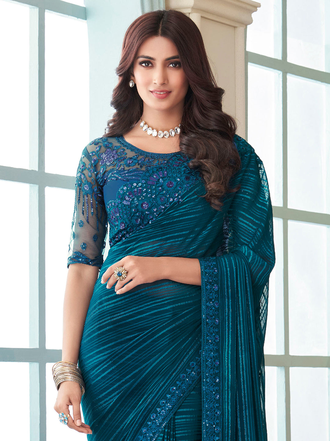 Georgette Teal blue Embellished Designer Saree With Blouse