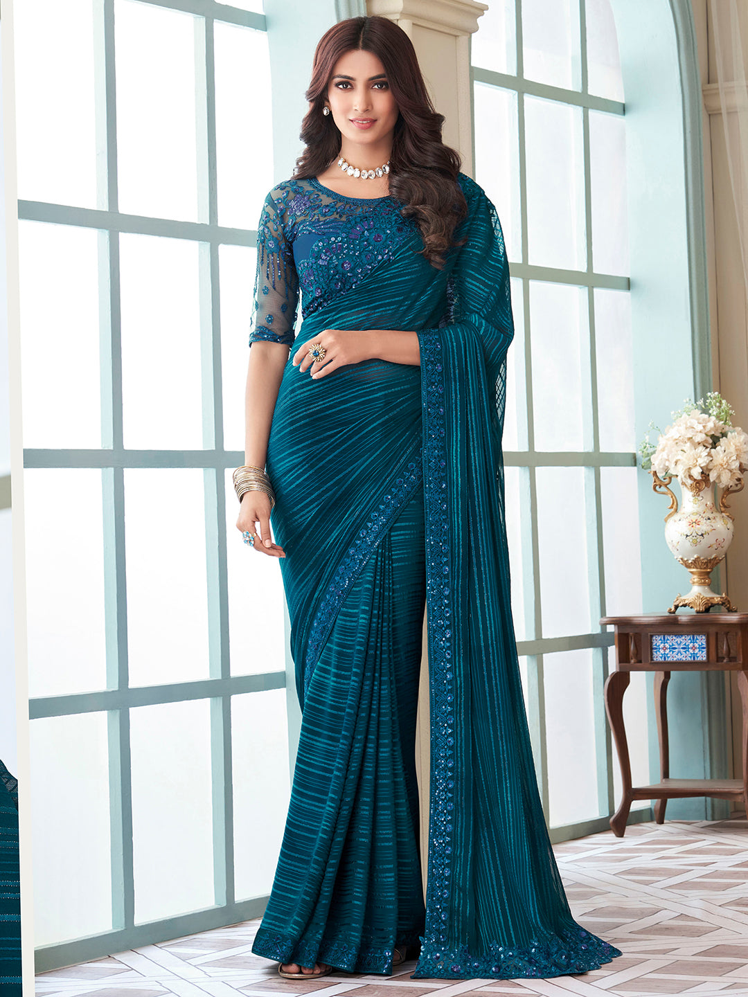 Georgette Teal blue Embellished Designer Saree With Blouse