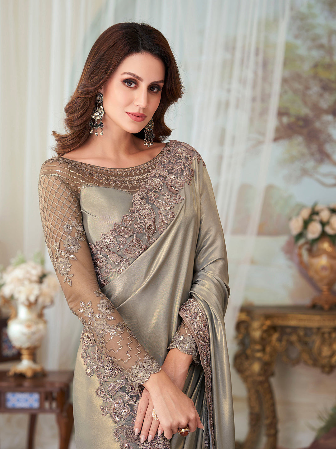 Satin Silk Metallic Embellished Designer Saree With Blouse