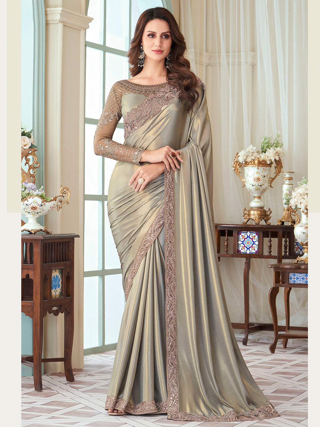 Satin Silk Metallic Embellished Designer Saree With Blouse