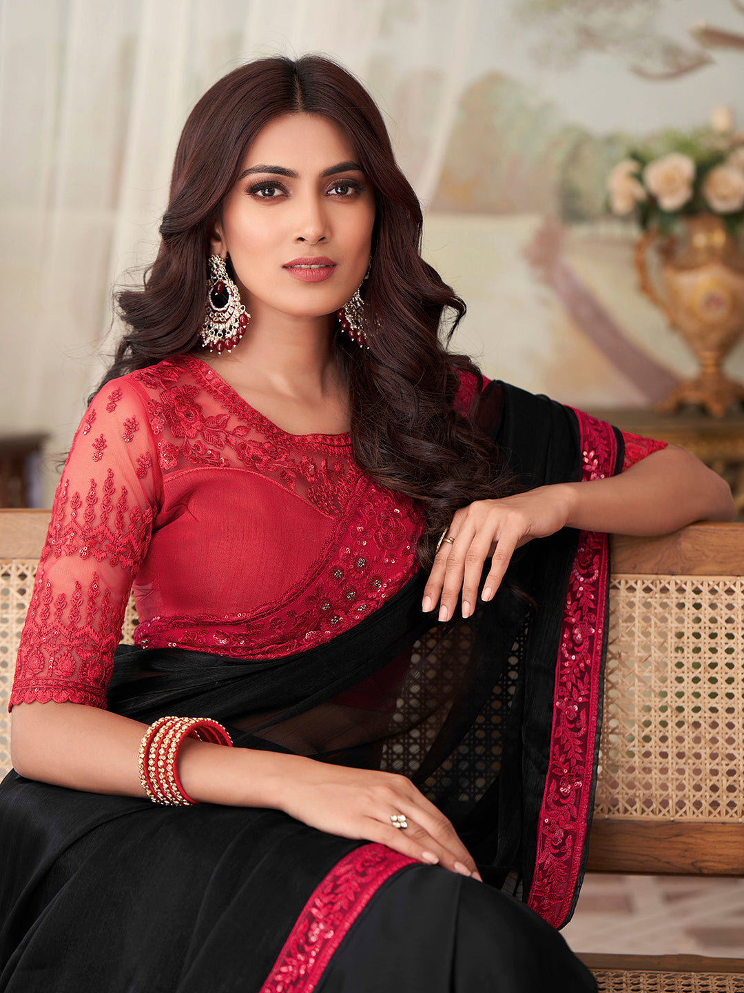 Silk Blend Black Embellished Designer Saree With Blouse