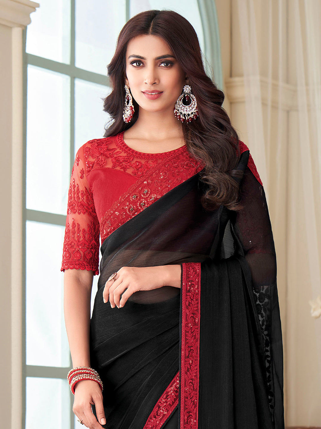 Silk Blend Black Embellished Designer Saree With Blouse