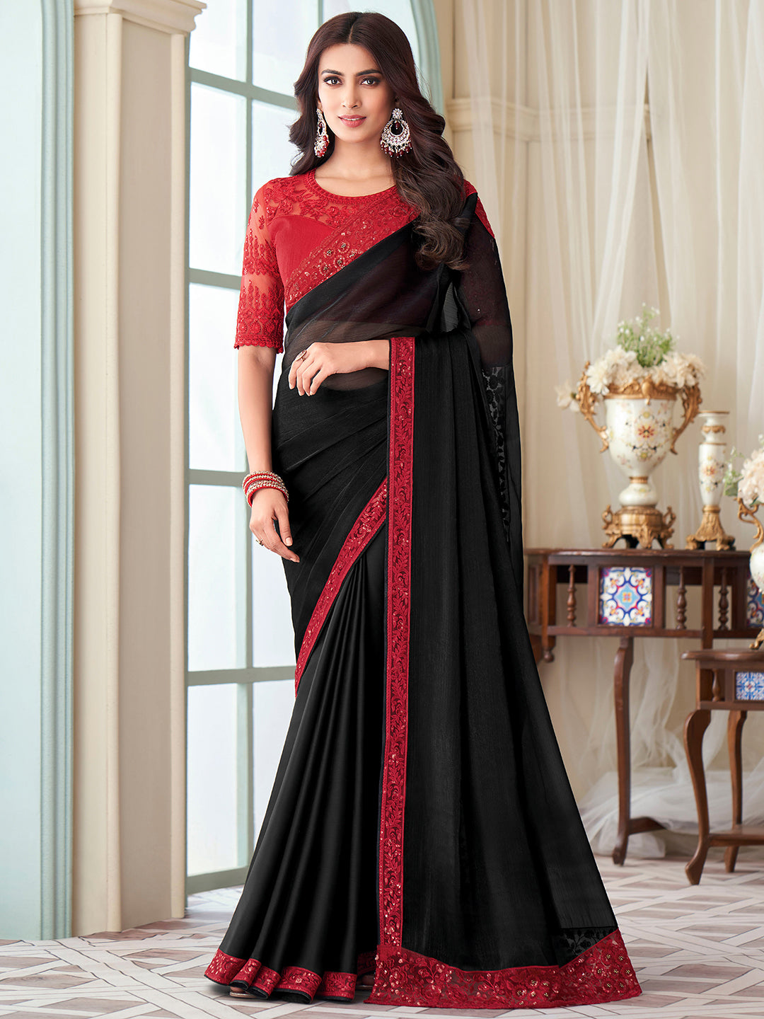 Silk Blend Black Embellished Designer Saree With Blouse