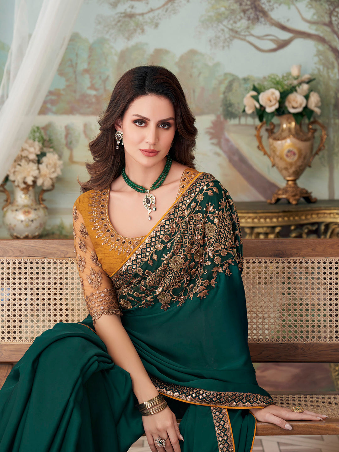 Satin Silk Teal green Embellished Designer Saree With Blouse
