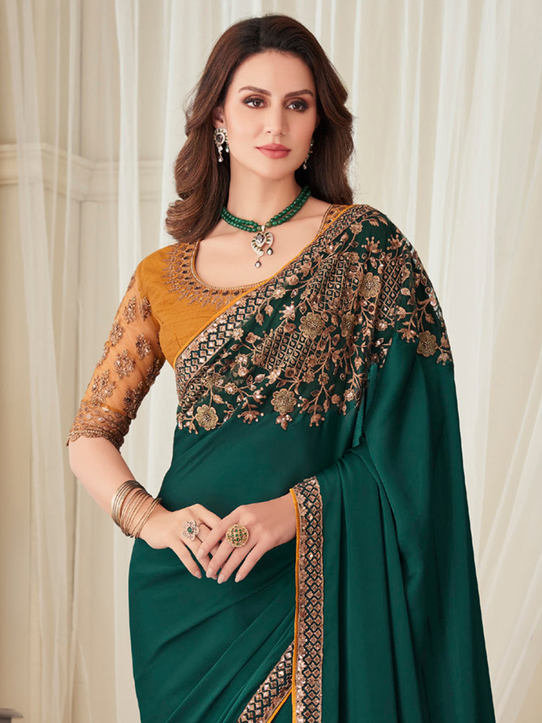 Satin Silk Teal green Embellished Designer Saree With Blouse