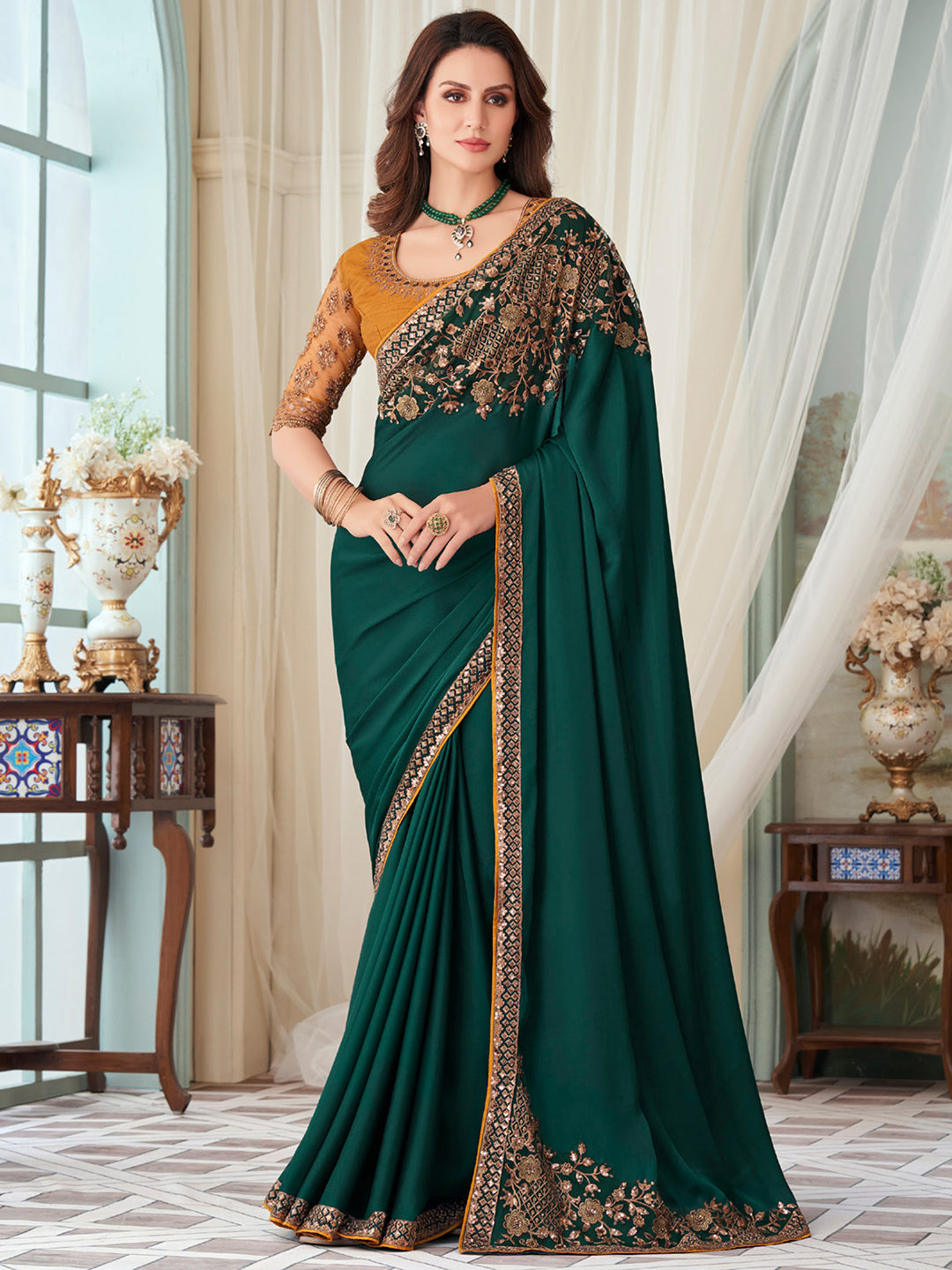 Satin Silk Teal green Embellished Designer Saree With Blouse
