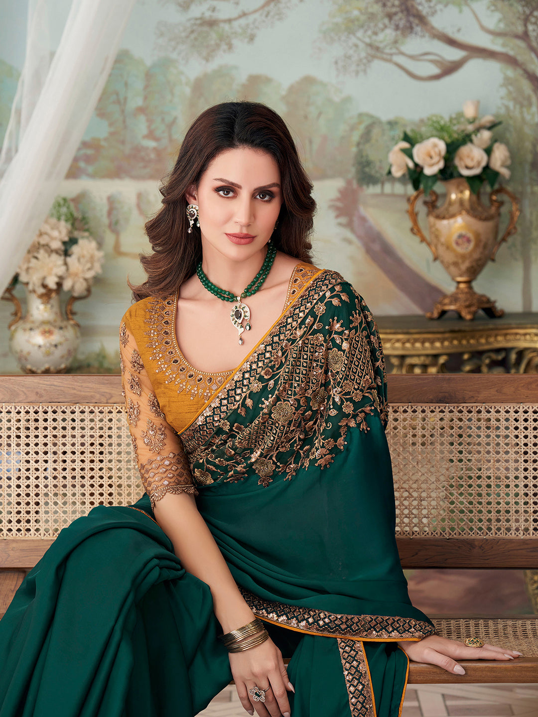 Satin Silk Teal blue Embellished Designer Saree With Blouse