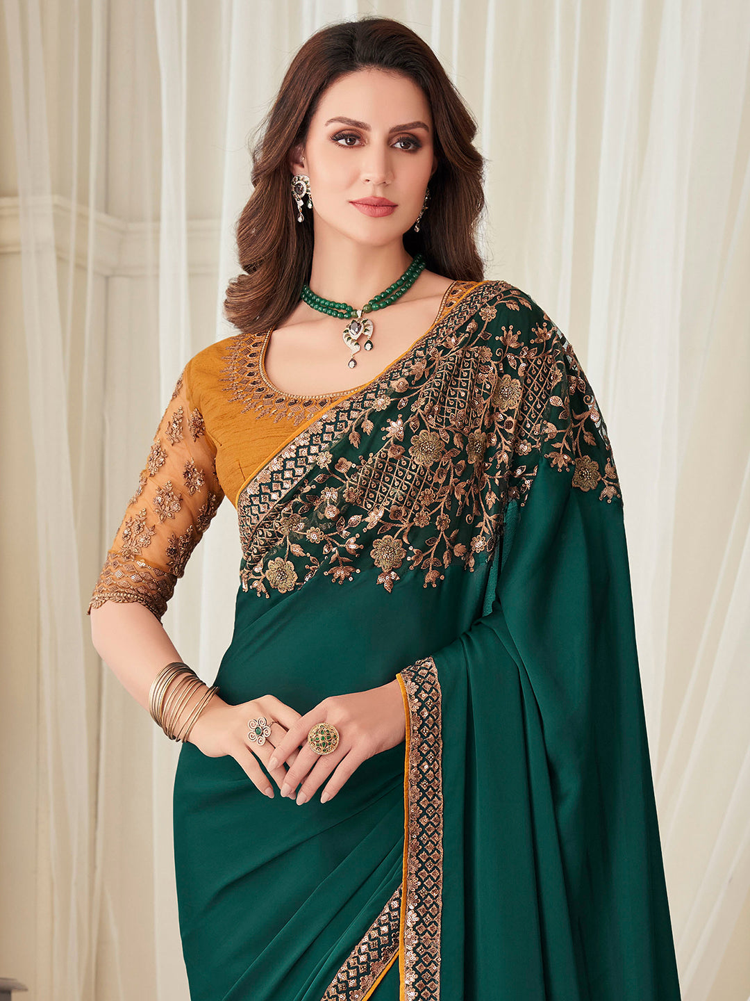 Satin Silk Teal blue Embellished Designer Saree With Blouse