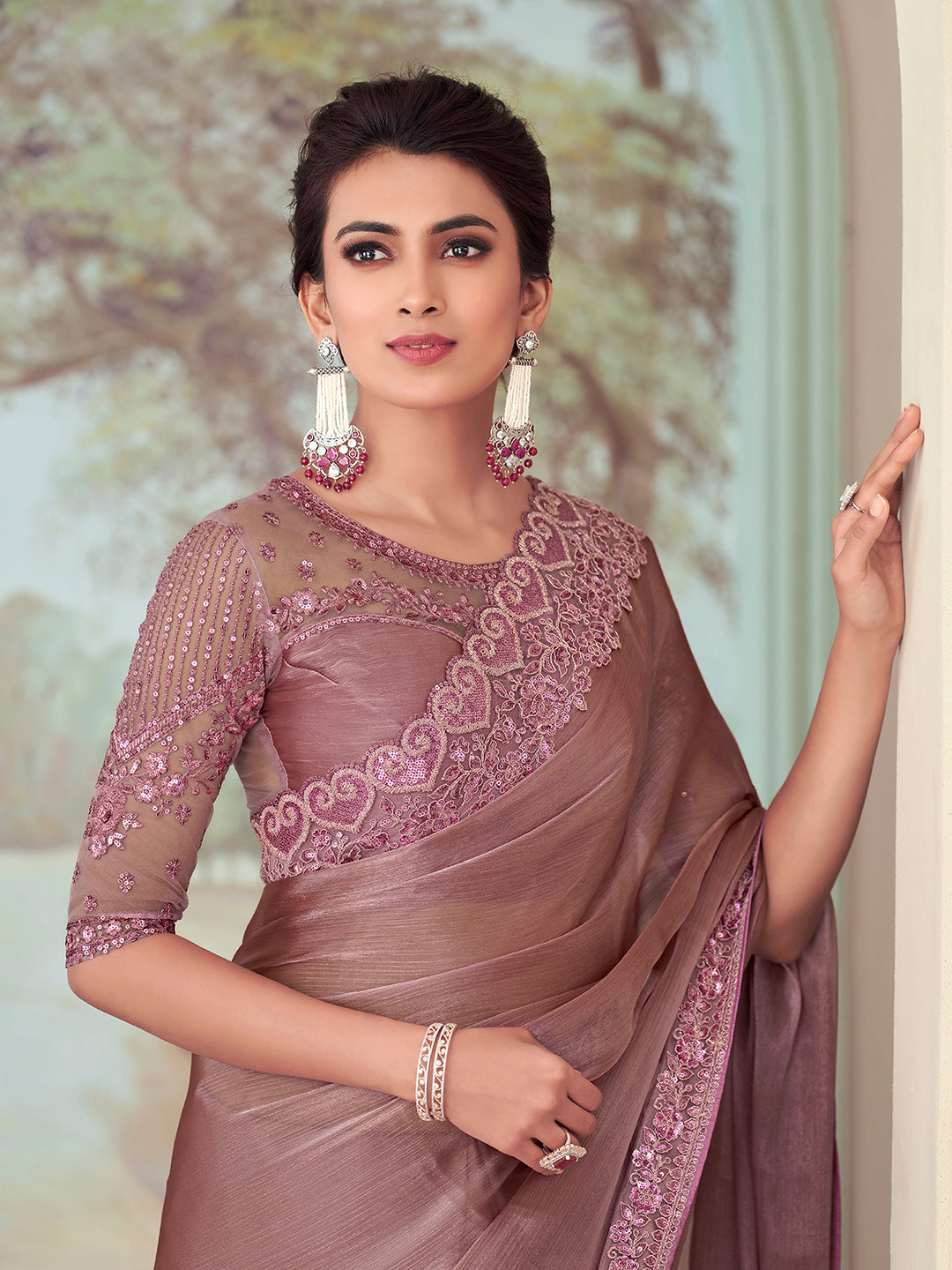 Tissue Mauve Embellished Designer Saree With Blouse