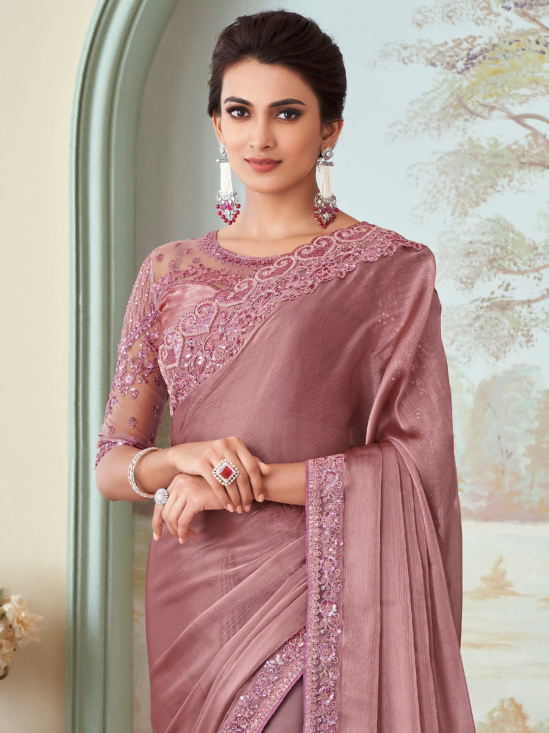 Tissue Mauve Embellished Designer Saree With Blouse