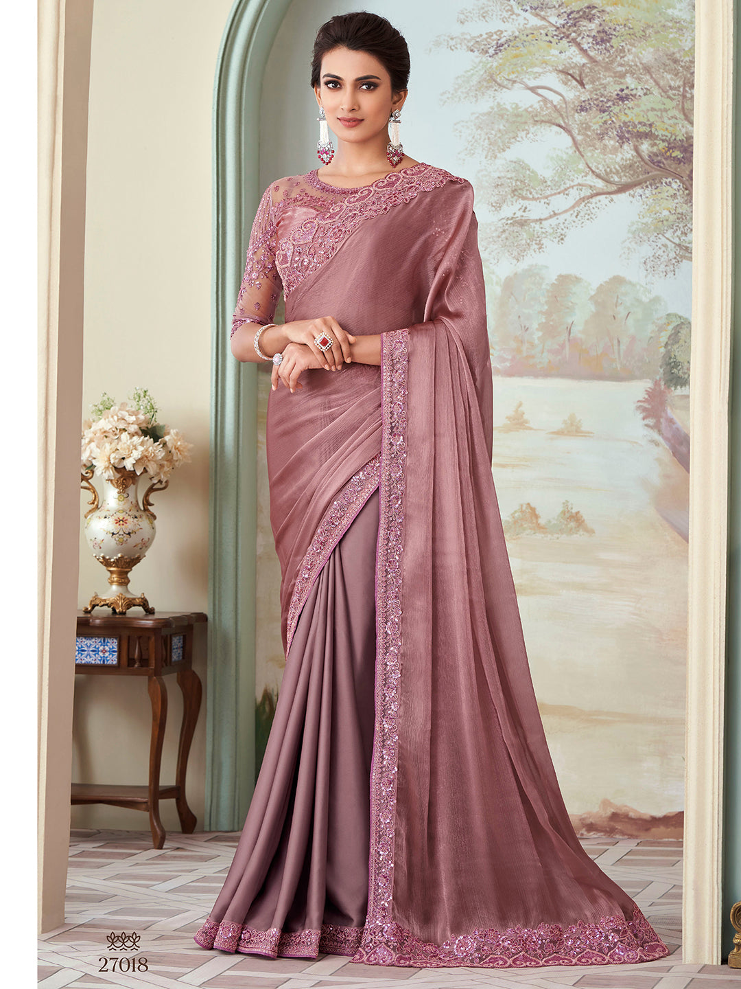Tissue Mauve Embellished Designer Saree With Blouse