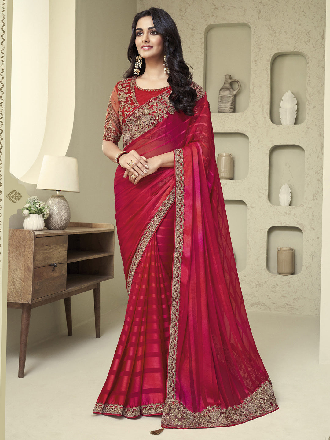 Georgette Pink Embellished Designer Saree With Blouse