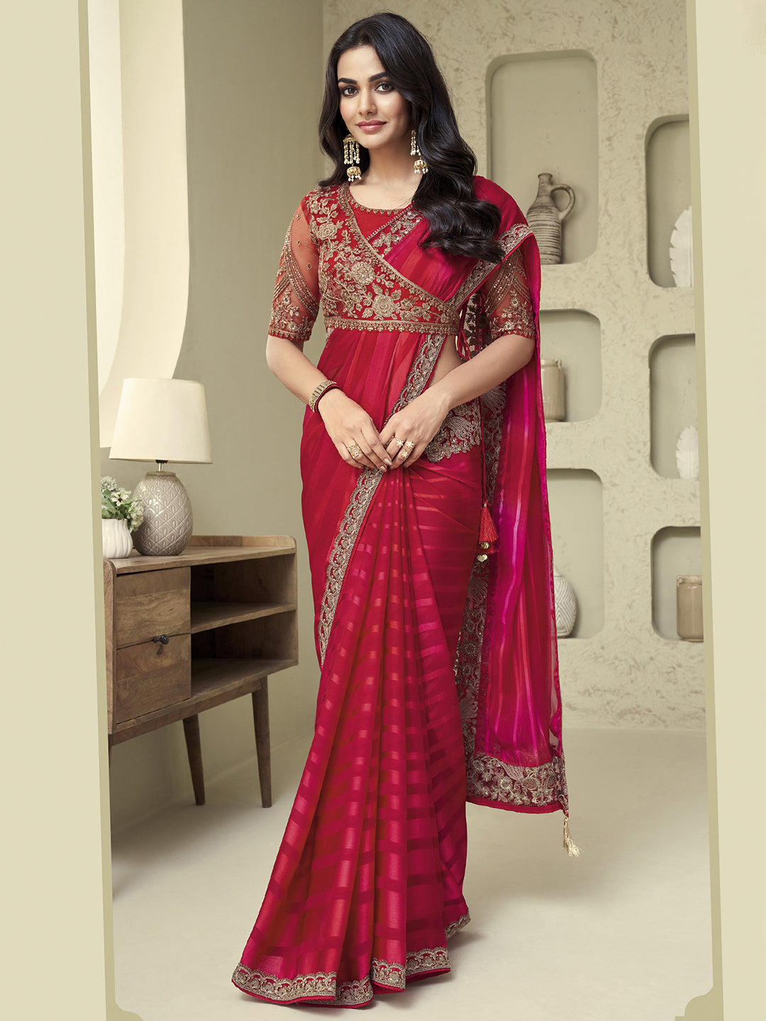 Georgette Pink Embellished Designer Saree With Blouse