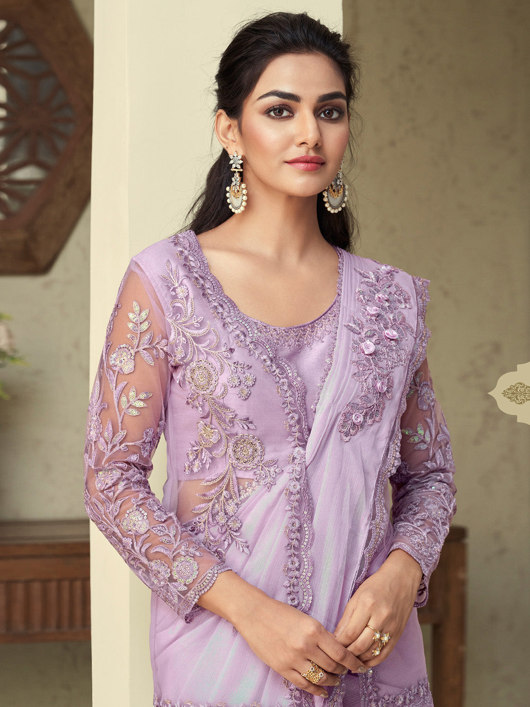 Georgette Mauve Embellished Designer Saree With Blouse