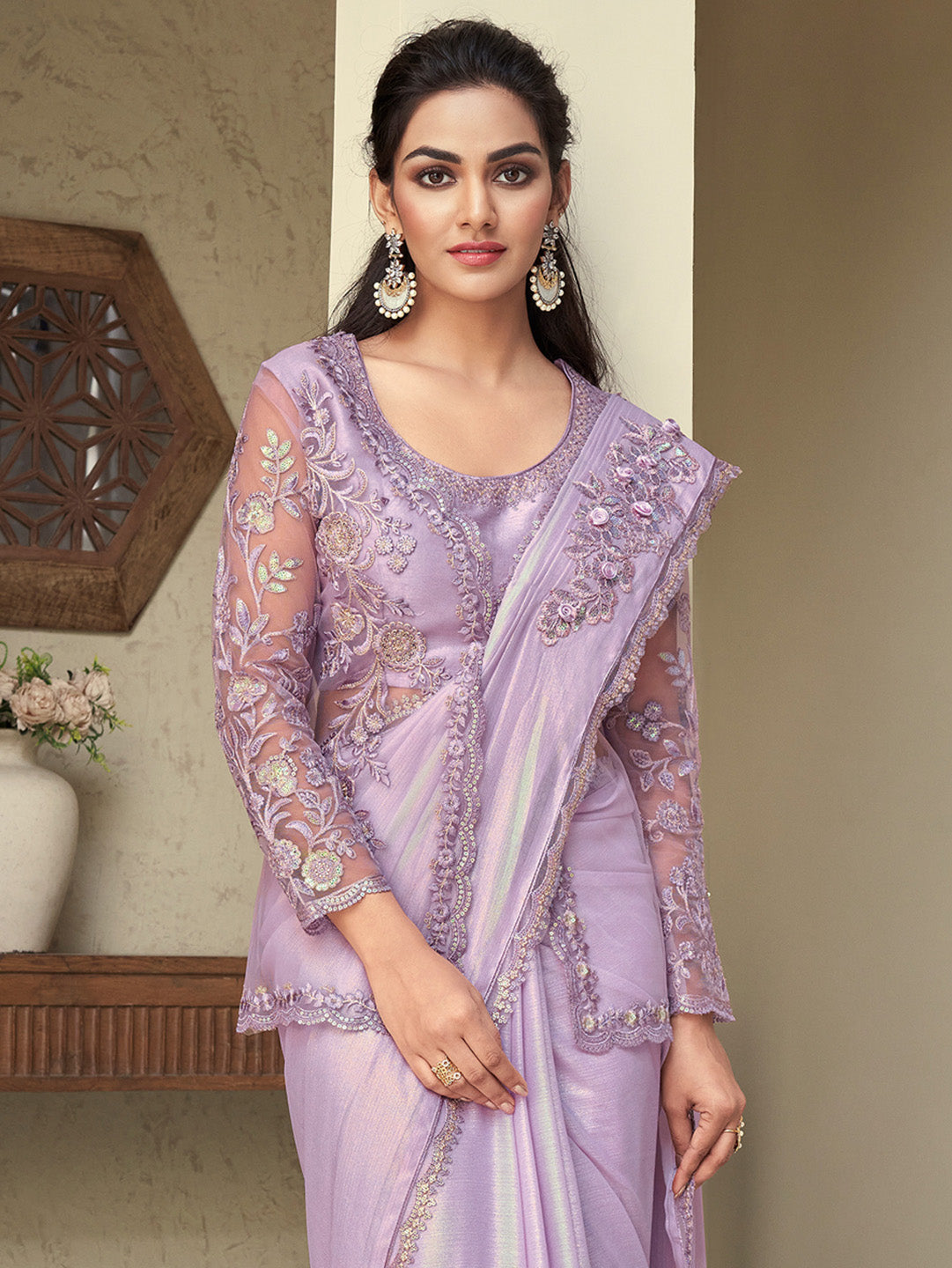 Georgette Mauve Embellished Designer Saree With Blouse