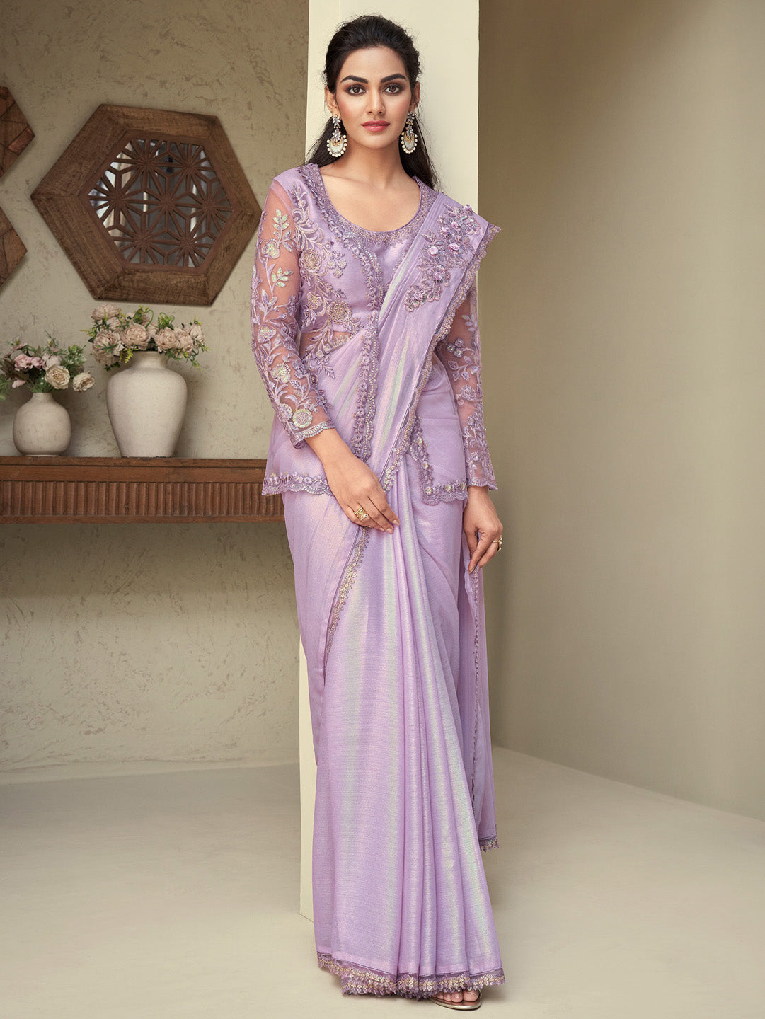 Georgette Mauve Embellished Designer Saree With Blouse