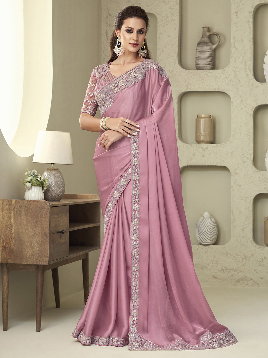 Georgette Mauve Embellished Designer Saree With Blouse