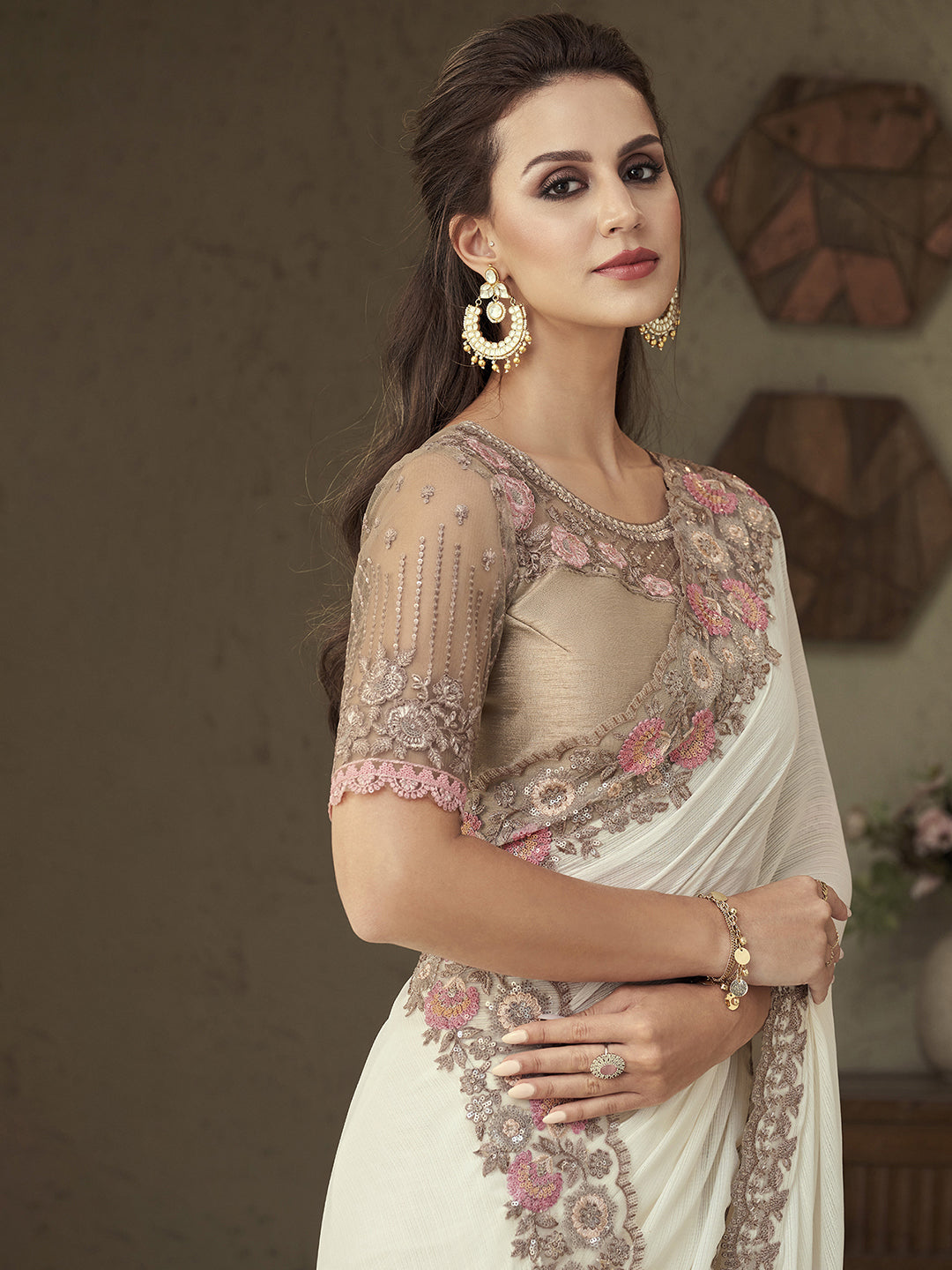 Georgette White Embellished Designer Saree With Blouse