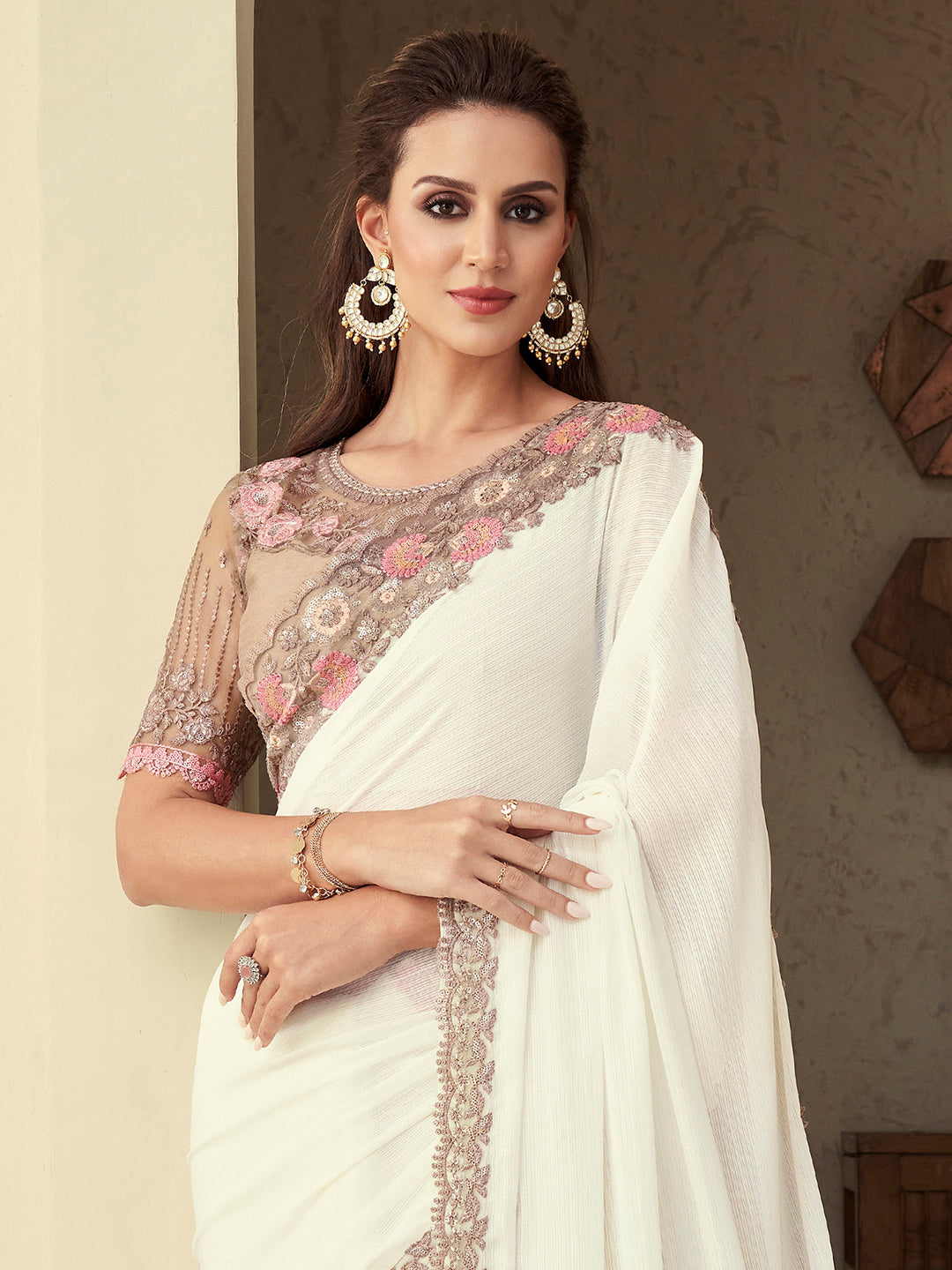 Georgette White Embellished Designer Saree With Blouse