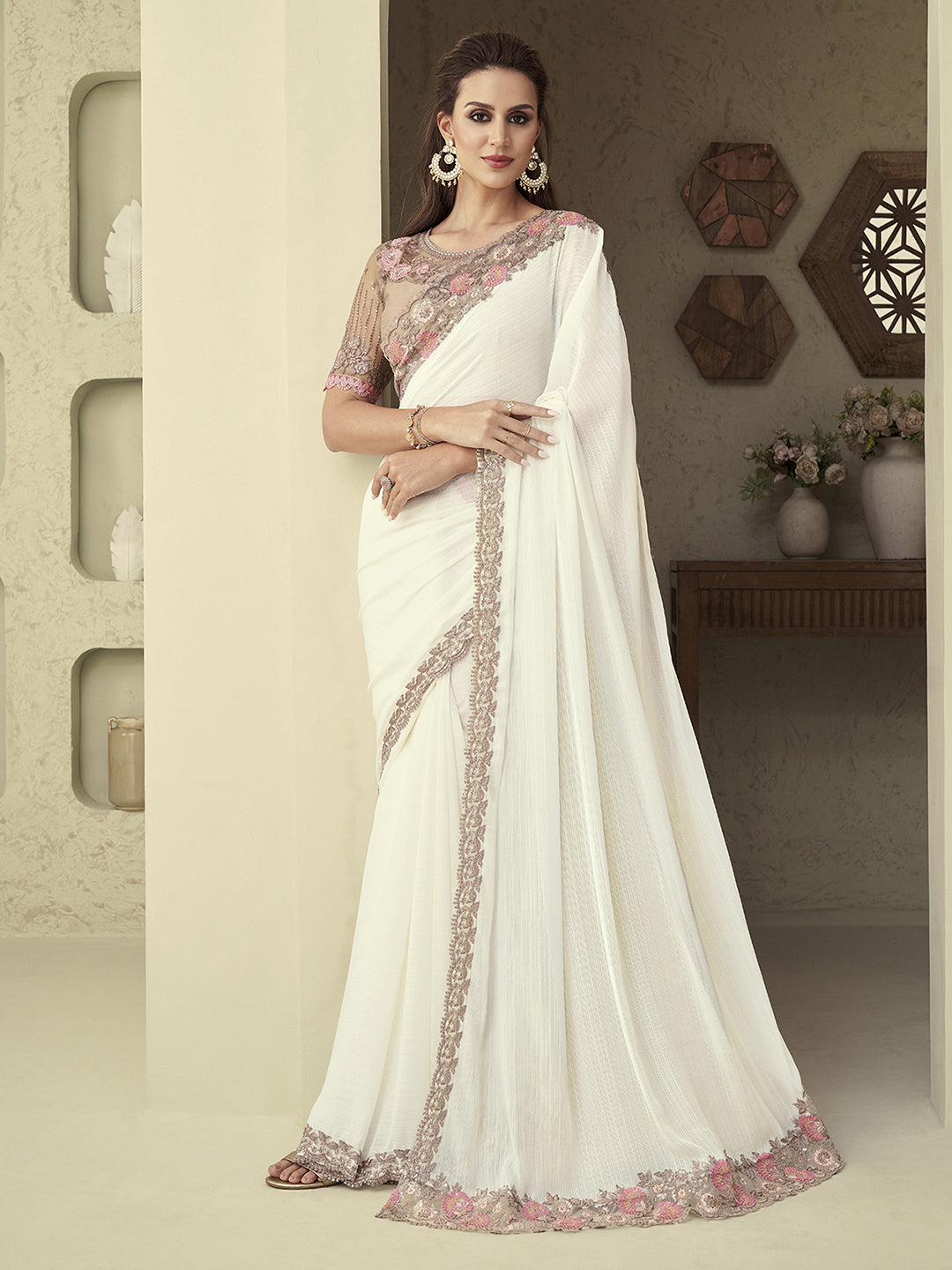 Georgette White Embellished Designer Saree With Blouse