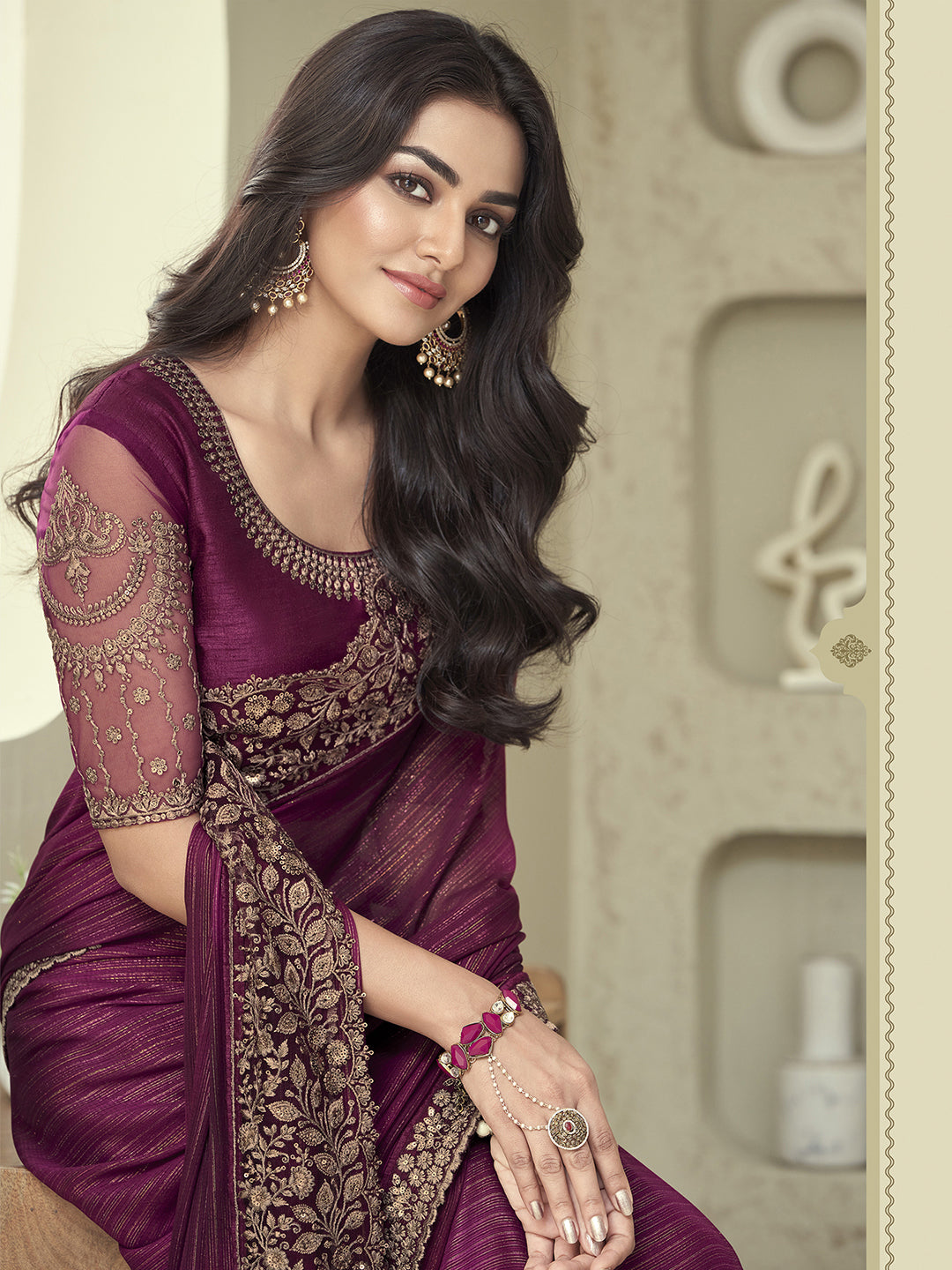 Georgette Purple Embellished Designer Saree With Blouse