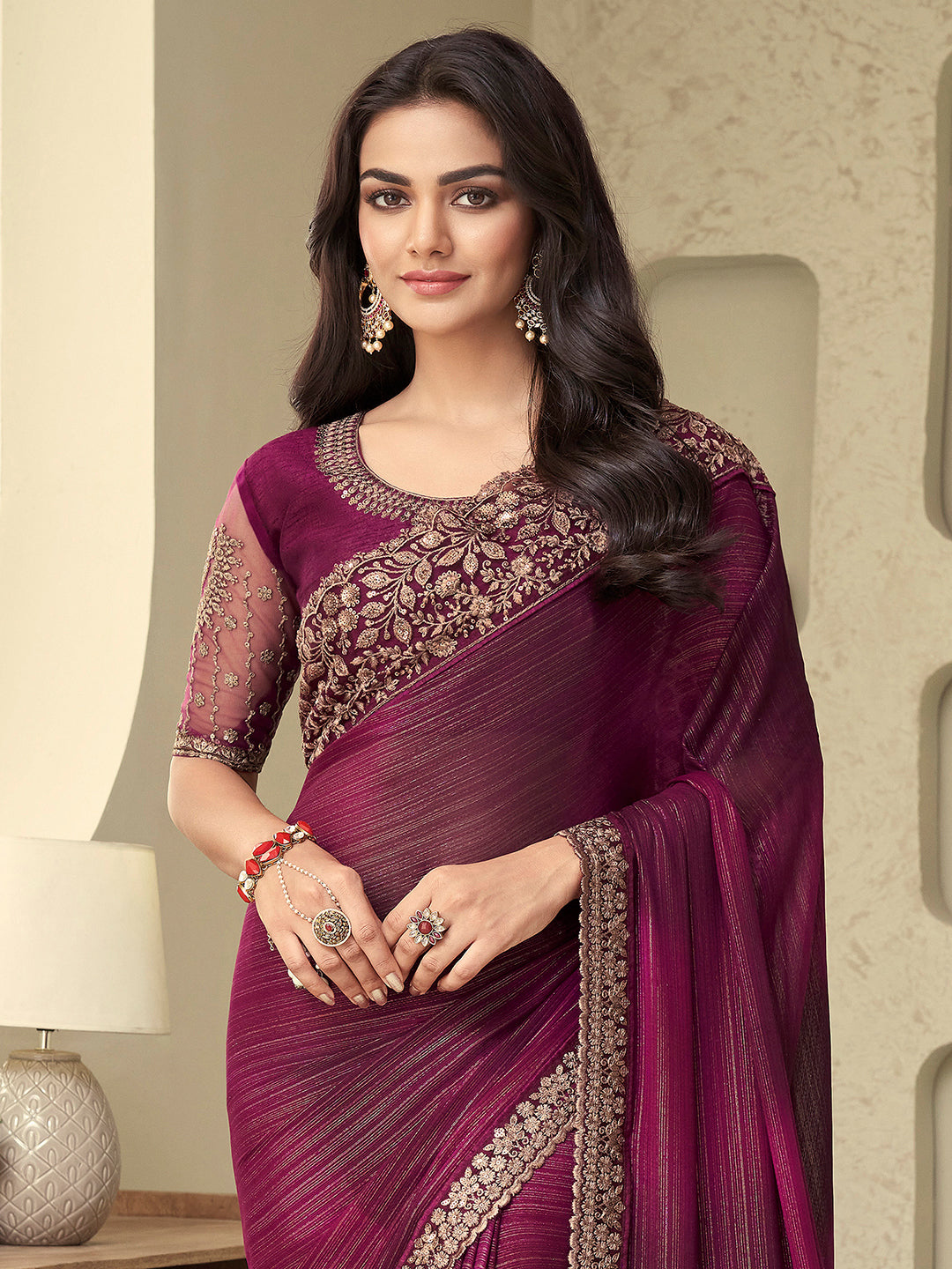 Georgette Purple Embellished Designer Saree With Blouse