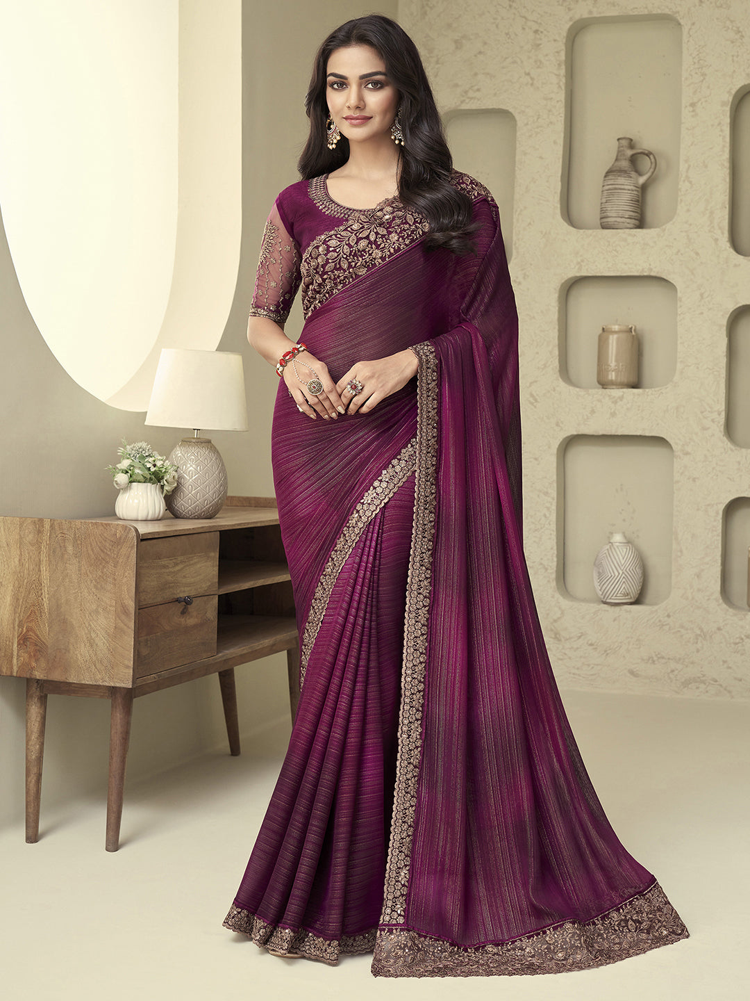 Georgette Purple Embellished Designer Saree With Blouse